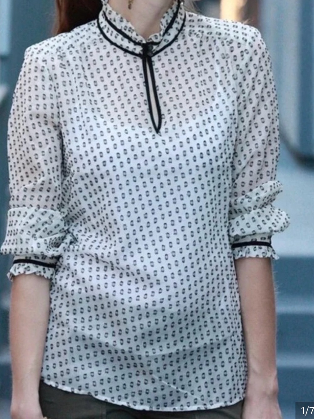 Chic White Printed Ruffle Neck Blouse with Black Trim